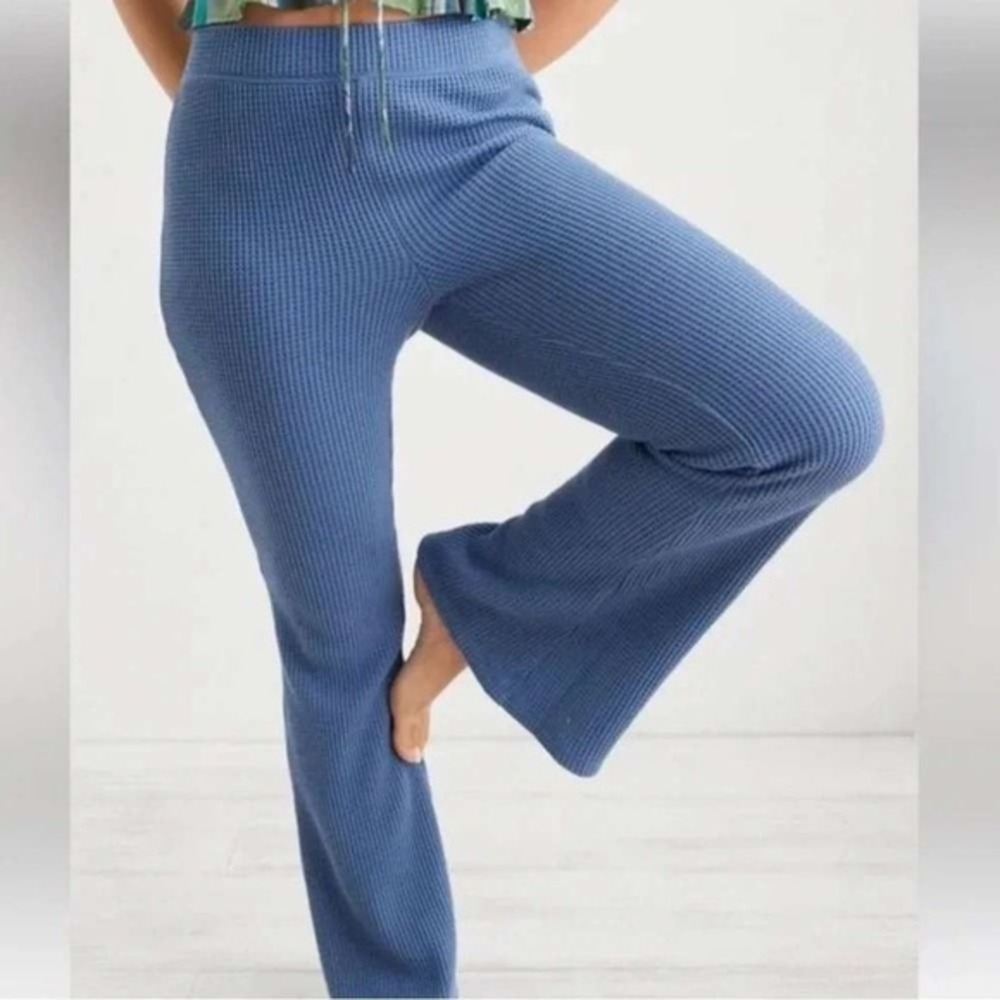 Aerie Waffle Knit Flare Lounge Pants Blue XXL Cozy Athleisure Soft Travel WFH
